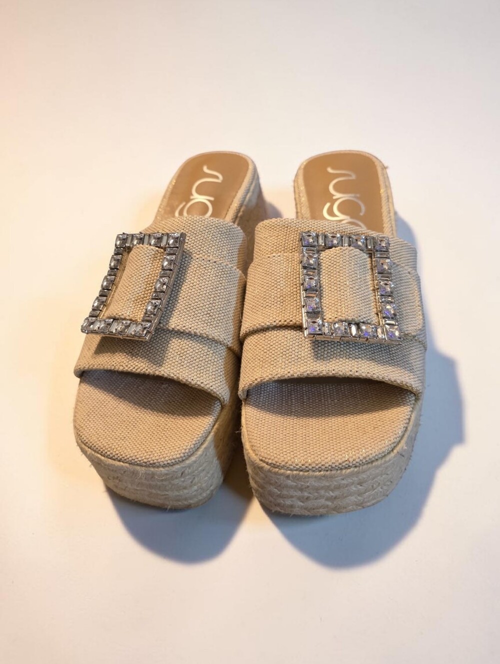 Nwot SUGAR Neutral Beige Espadrille Platform Slide Sandals with Crystal Buckle